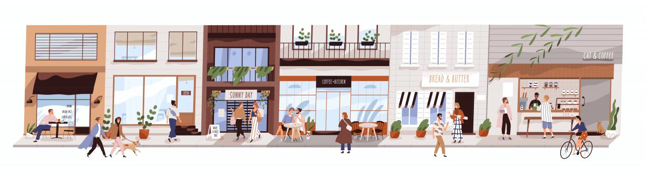 Ilustración de una calle llena de varias tiendas y cafeterías.