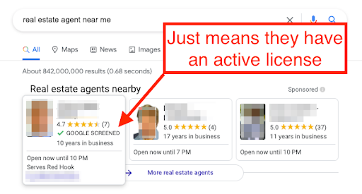 Cuando un agente de bienes raíces es evaluado por Google, solo significa que tiene una licencia de ventas activa.